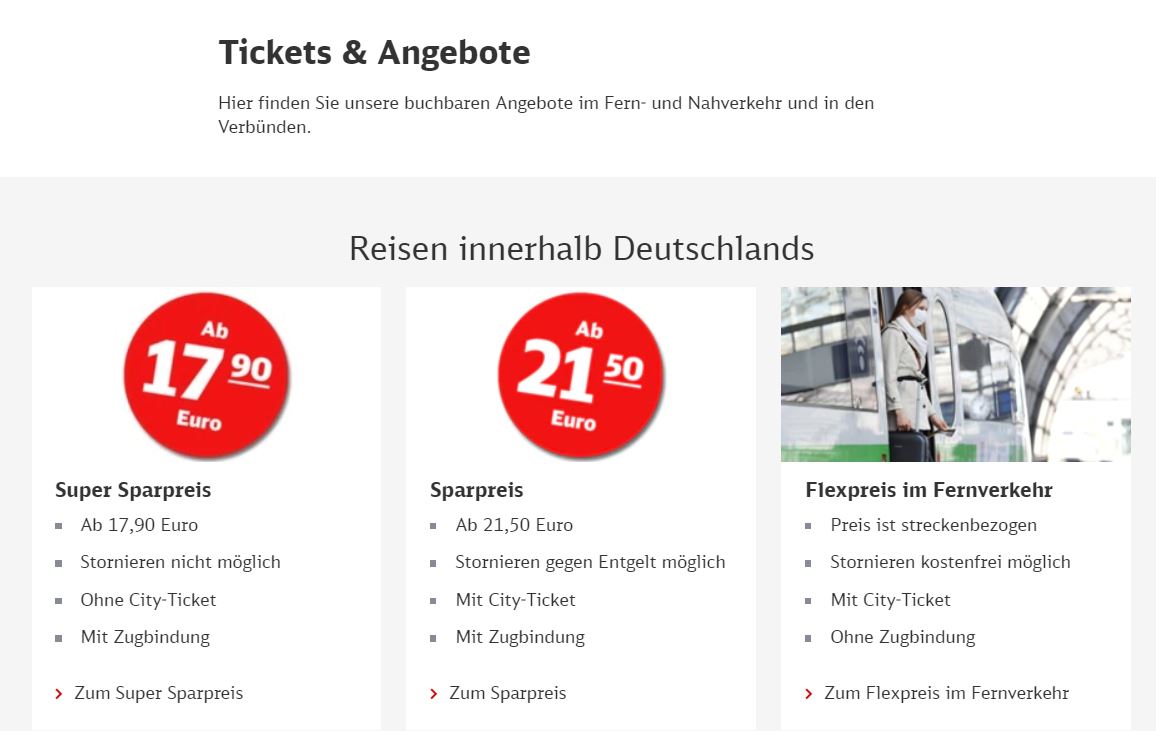 Angebote-Kategorie auf Deutsche Bahn´s Website